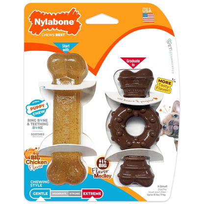 Nylabone Cachorro Masticar Anillo Hueso y Juguete Paquete Doble, Sabor Medley, 2 Unidades, Petite