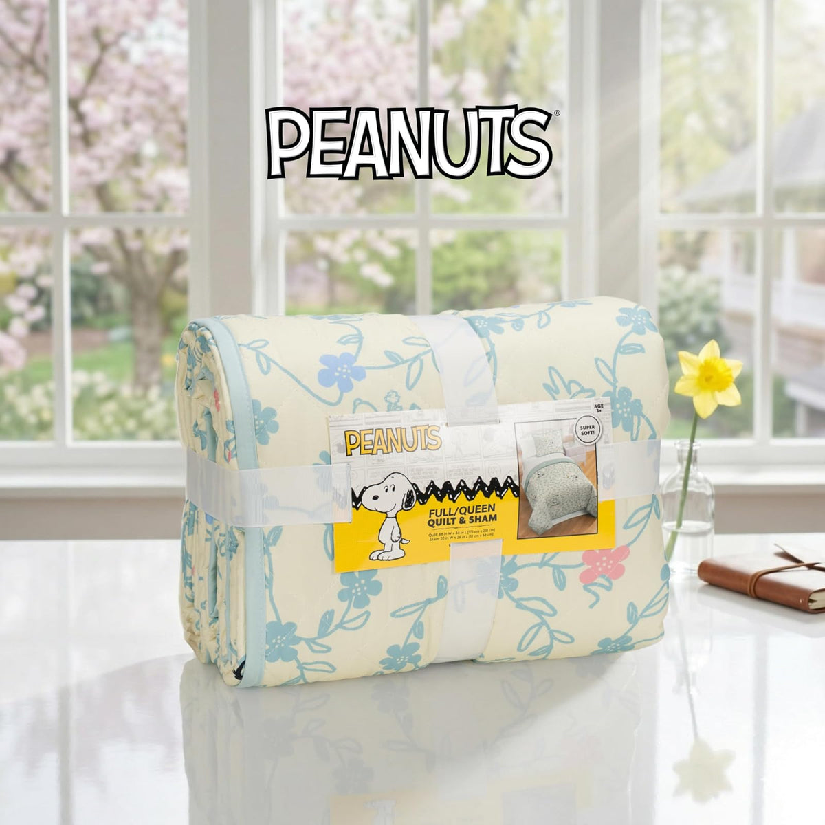 Peanuts Snoopy - Juego de Colcha tamaño matrimonial/Queen, Colcha Ligera para Todas Las Estaciones con Estampado Floral de Primavera y Funda, Ropa de Cama súper Suave de 3 Piezas (Producto
