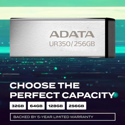 ADATA 256 GB Memoria Flash USB 3.2 Diseño sin Tapa Material Metalico (Modelo UR350-256G-RSR/BK)
