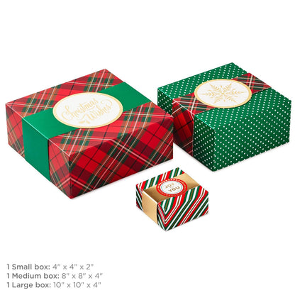 Hallmark - Cajas de regalo de Navidad, paquete de 3 tamaños surtidos (rayas rojas y verdes, a cuadros, lunares) para regalos de anfitriona, fiestas de día festivo, golosinas envueltas