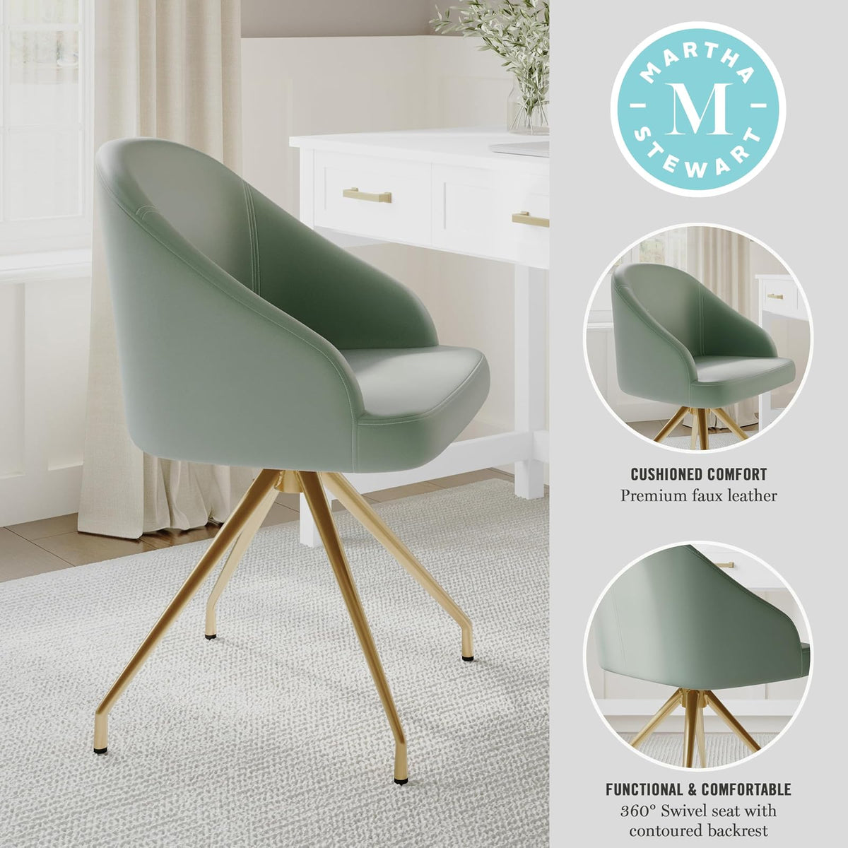 Martha Stewart Sora - Silla de Trabajo giratoria con Brazos Inclinados para Oficina en casa en Piel sintética Salvia con Marco de latón Pulido