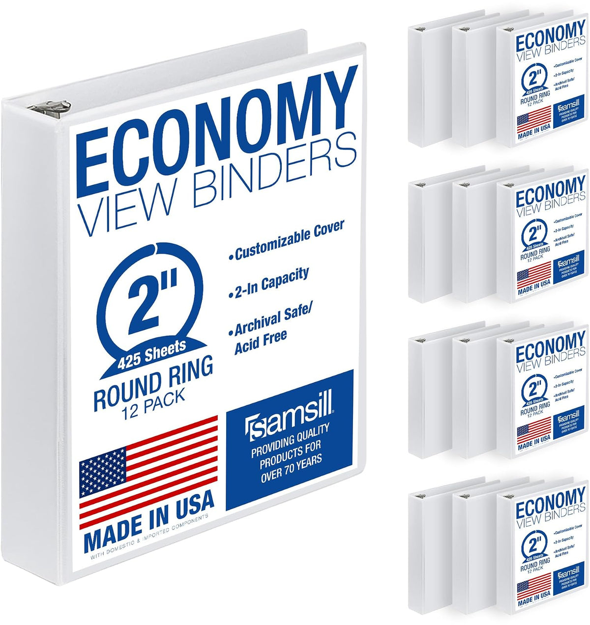 Samsill Carpeta de 3 anillas de 2 pulgadas, fabricada en Estados Unidos, anillo redondo económico, cubierta de visión transparente, capacidad de 425 hojas, para escuela, hogar, oficina, blanco, - Blanco - Paquete de 12 unidades - 2 pulgadas