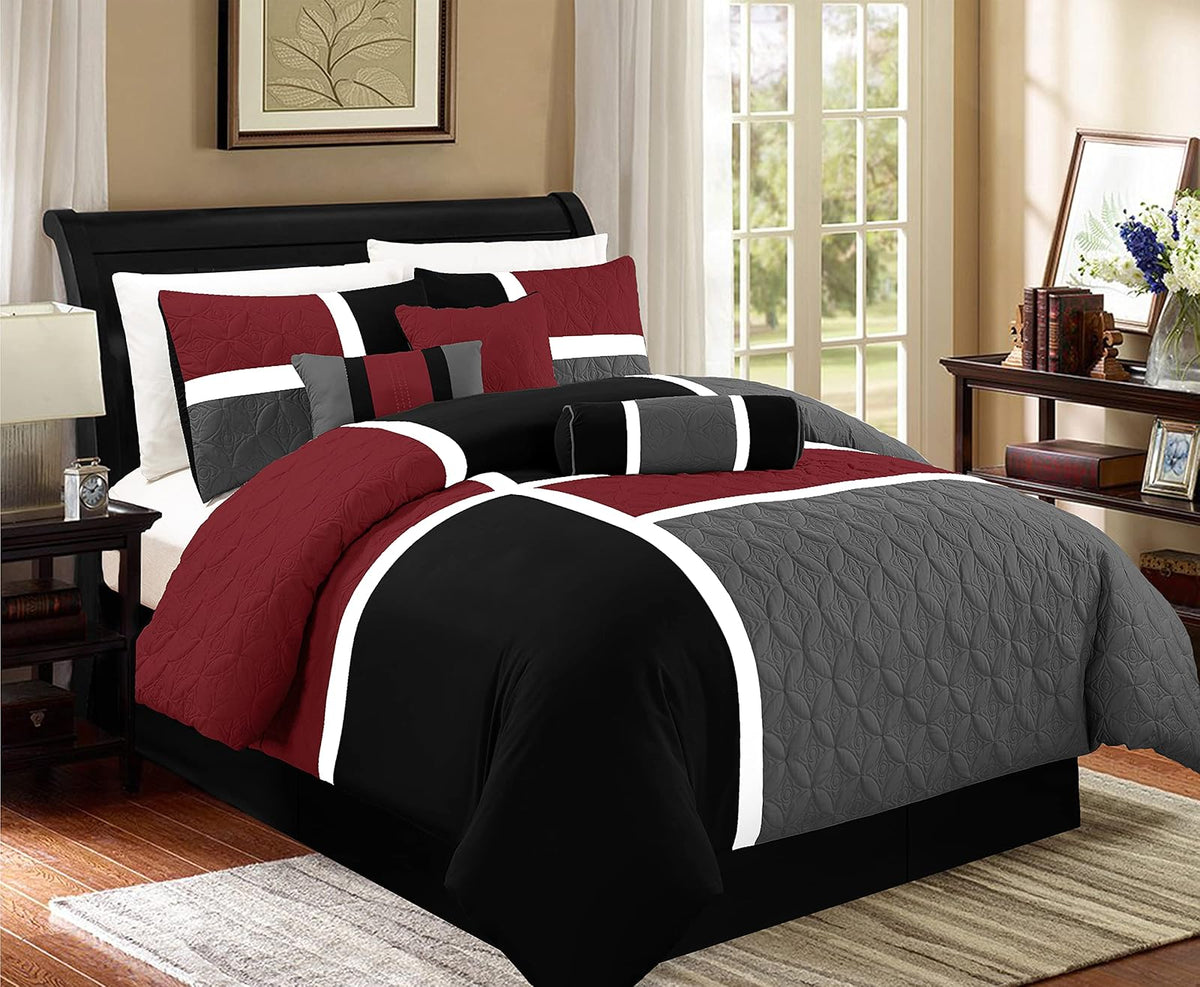 Chezmoi Collection - Juego de edredón Acolchado de 7 Piezas con diseño de Patchwork - Queen, Rojo/Gris/Negro