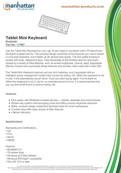 MANHATTAN Mini Teclado para Tablet Bluetooth