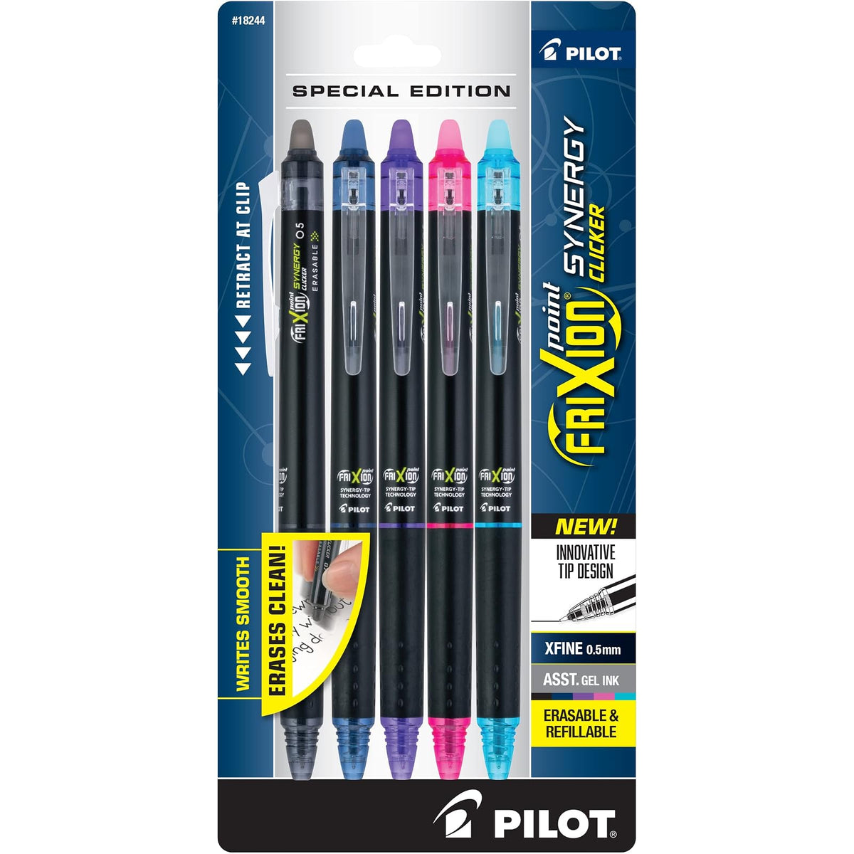 Pilot FriXion Synergy Clicker - Bolígrafos de tinta de gel retráctil, punta extrafina de 0,5 mm, paquete de 5, colores surtidos, bolígrafos borrables FriXion 0,5, ideales para escritura escolar y