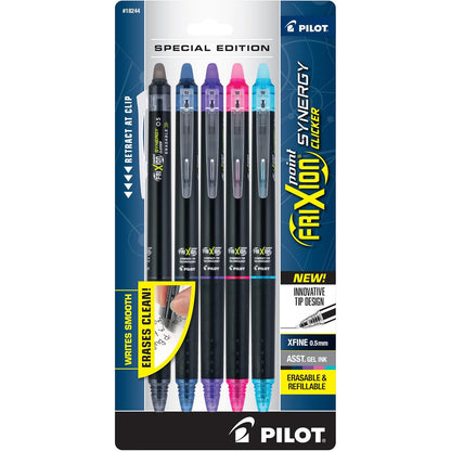 Pilot FriXion Synergy Clicker - Bolígrafos de tinta de gel retráctil, punta extrafina de 0,5 mm, paquete de 5, colores surtidos, bolígrafos borrables FriXion 0,5, ideales para escritura escolar y