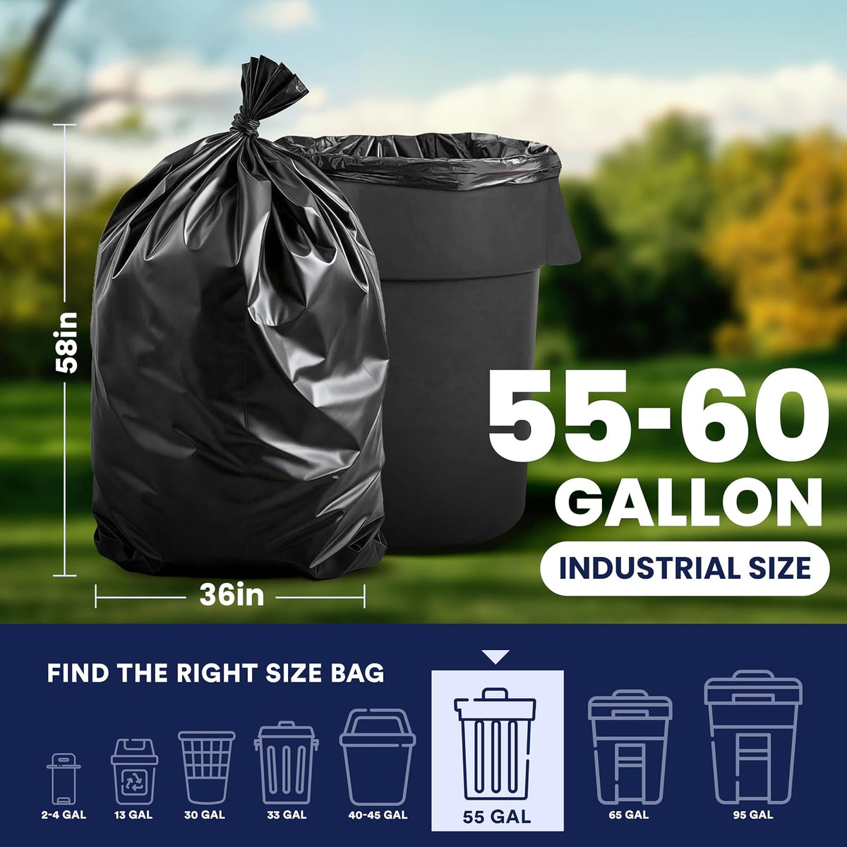 Aluf Plastics Plasticplace Bolsas de Basura de 55 a 60 galones │ 2.0 Mil │ Revestimientos Negros para Basura Resistentes │ 36 x 58 Pulgadas, 50 Unidades, Negro (Paquete de 1)
