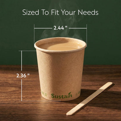 Restaurantware Sustain - Tazas calientes de 4 onzas, 50 tazas de café de una sola pared, tapas se venden por separado, revestimiento de PLA a prueba de fugas, taza de papel kraft compostable, tolera