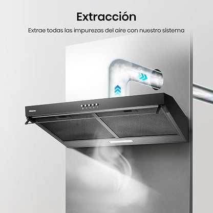 Hisense HUH701BS-Campana de Cocina,76cm, 3 Velocidades, Acero Inoxidable | Extracción, Nivel de Ruido, Recirculación, Iluminación LED, Diseño de Campana Telescópica, Filtro de Grasa Lavable