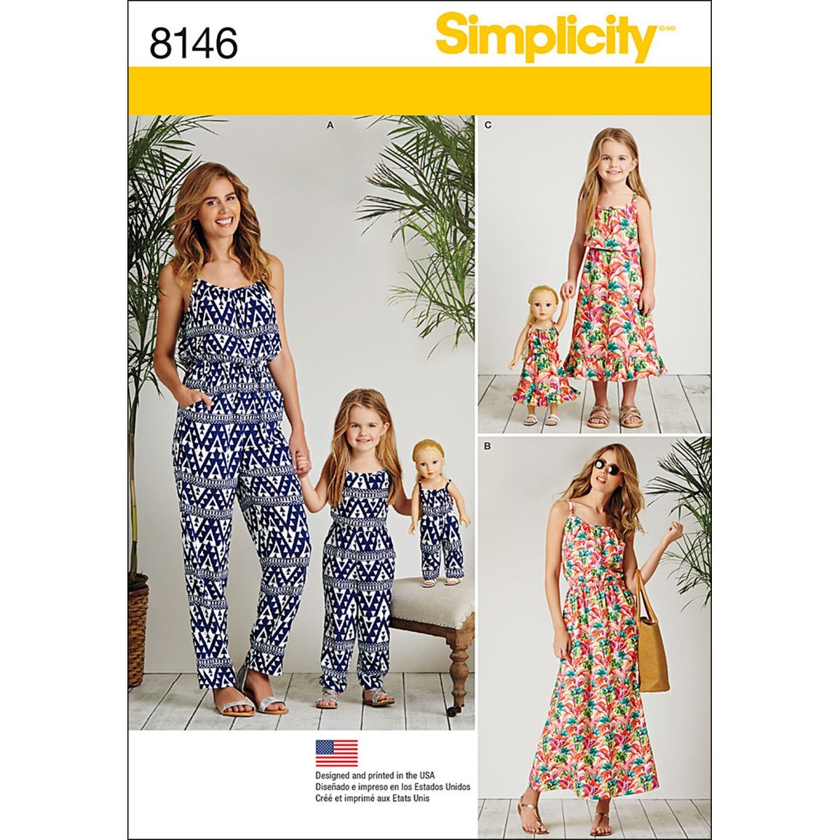 Simplicity 8146 Conjuntos a Juego para señoritas, niños y muñecas, Overol y patrón de Costura Maxi Vestido, XS-XL