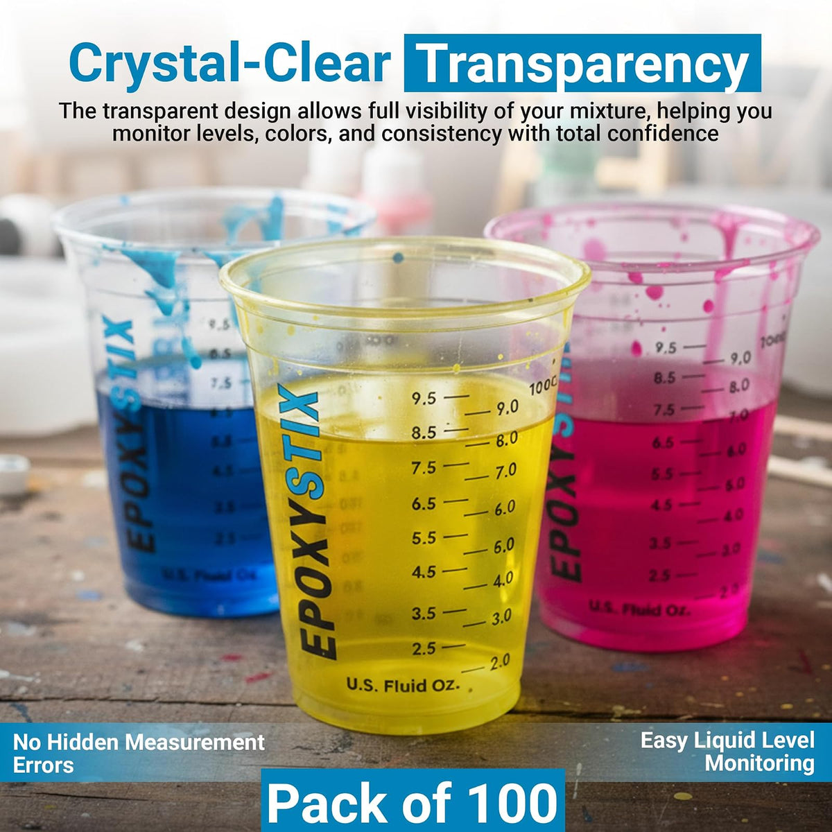 Paquete de 100 tazas graduadas de 12 onzas, para mezclar de 350 ml, para mascotas duraderas, marcas de medición transparentes en oz, ml y tazas, para resina, pintura, mezcla y manualidades