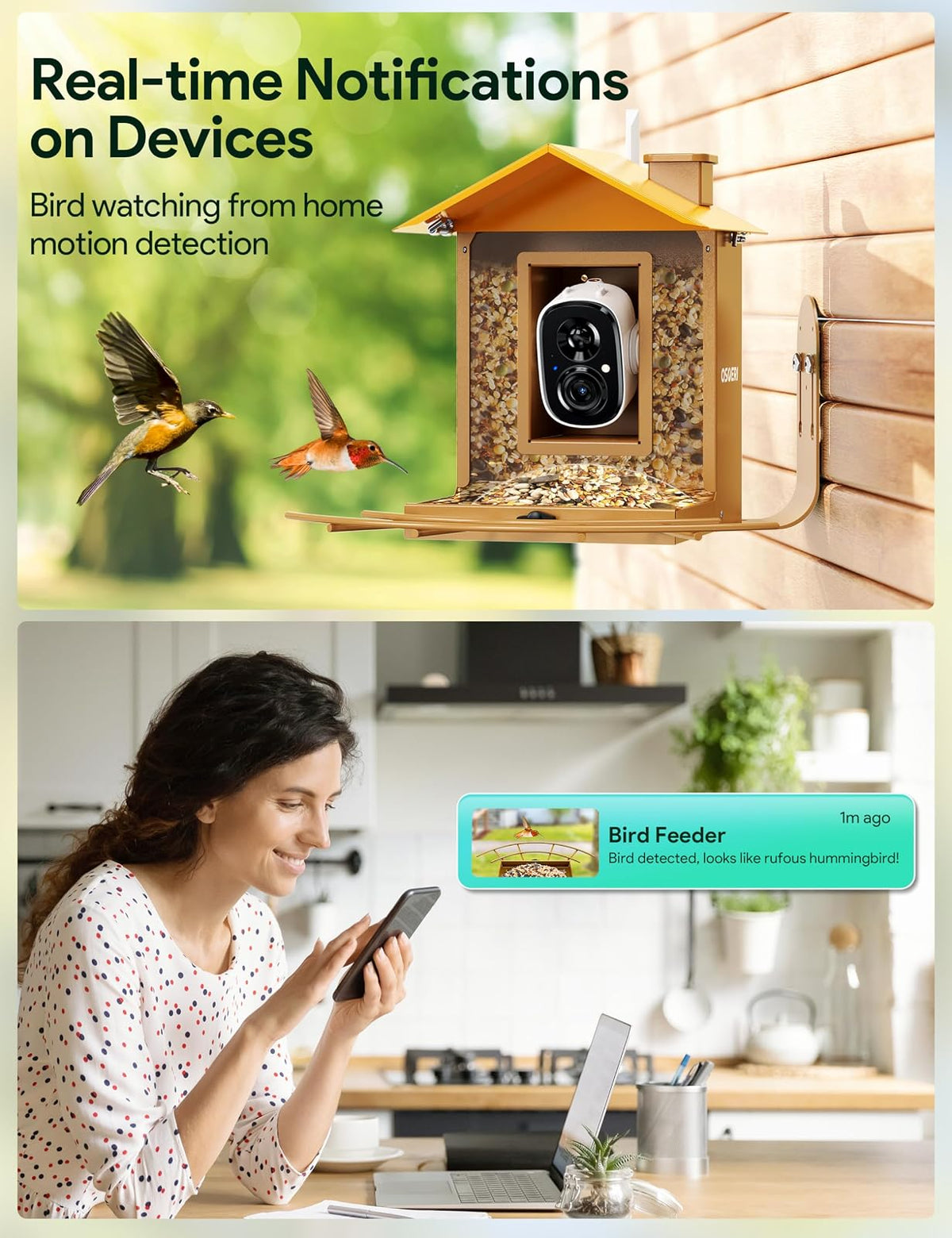 Osoeri Comedero para Pájaros con Cámara, Exterior, Solar, IA Identifica Aves, Captura Vídeos Automática, Alerta Inmediata, Regalo Ideal (Familia y Amantes)