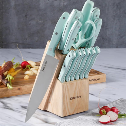 Kenmore Kane Juego de Cuchillos Triple Remachado 14 Piezas | Azul Glaciar, acero inoxidable, bloque de madera, incluye afilador