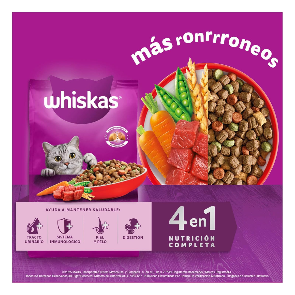 Whiskas Alimento Seco para Gatos Adultos 4 en 1, 100% Nutrición Completa y – Sabor Carne 3kg
