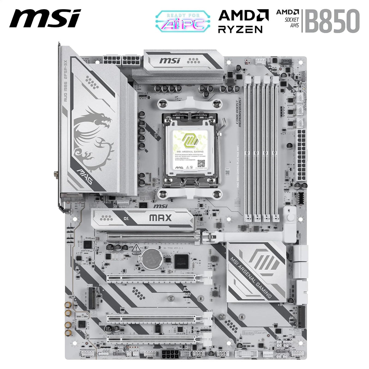 MSI mag B850 Gaming Plus MAX WiFi Motherboard, ATX - Compatible con procesadores AMD Ryzen 9000/8000/7000, AM5, DDR5 Memory Boost (hasta 8200+ MT/s OC), PCIe 5.0 x16, M.2 Gen5, Wi-Fi 7, 5G LAN