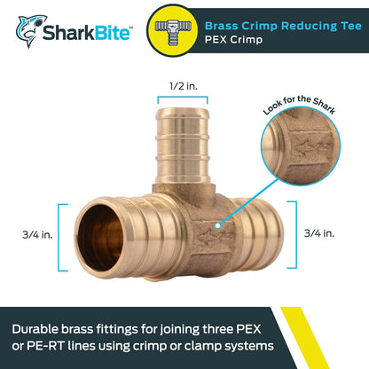 SharkBite playera reductora de crimpado de 3/4 pulgadas x 3/4 pulgadas x 1/2 pulgadas, accesorio de fontanería de latón, tubo PE-RT, UC412LFA