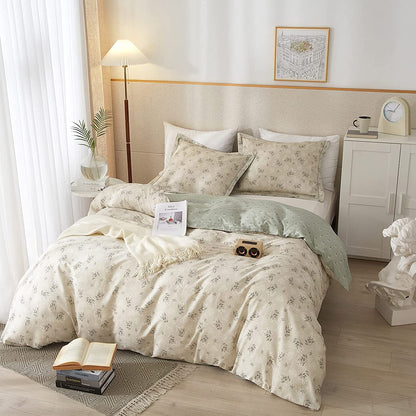 AMWAN - Juego de Funda de edredón Floral de algodón Bohemio para niños y niñas, Juego de Ropa de Cama con Estampado Floral Beige y Verde, Funda de edredón Suave con Cierre de Cierre