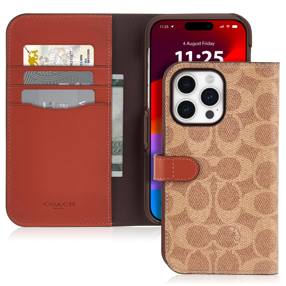 Coach Signature - Funda de Lona Desmontable de Dos Piezas para iPhone 15 Pro MAX, Compatible con Carga inalámbrica, Color café