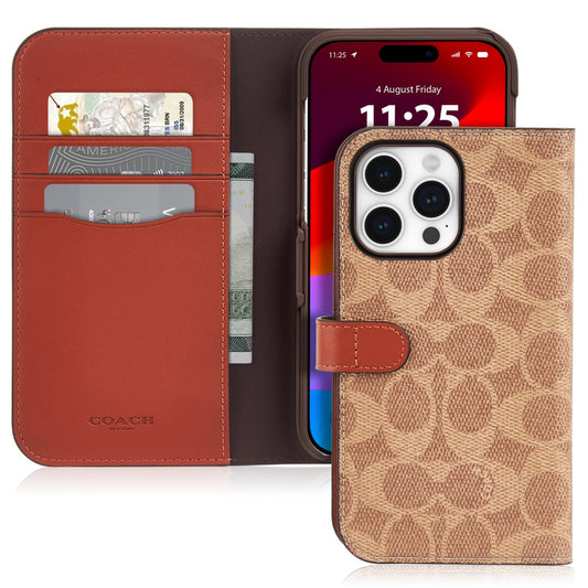 Coach Signature - Funda de Lona Desmontable de Dos Piezas para iPhone 15 Pro MAX, Compatible con Carga inalámbrica, Color café