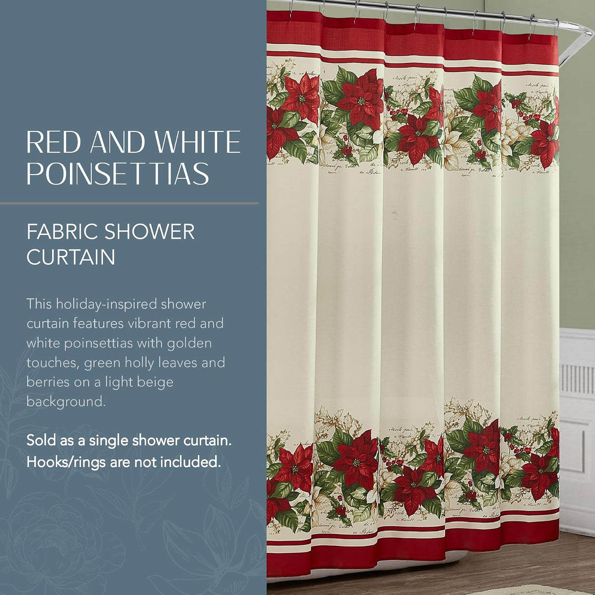 Elrene Home Fashions Cortina de Ducha de Tela de Pascua roja y Blanca de Navidad, 70 x 72 Pulgadas