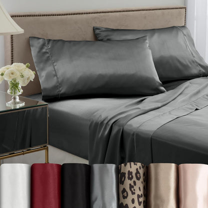 Martex Elegance - Juego de sábanas de satén Plateado de 4 Piezas | Juego de sábanas de Calidad de Hotel de tamaño matrimonial | Sedosas, Suaves y Suaves
