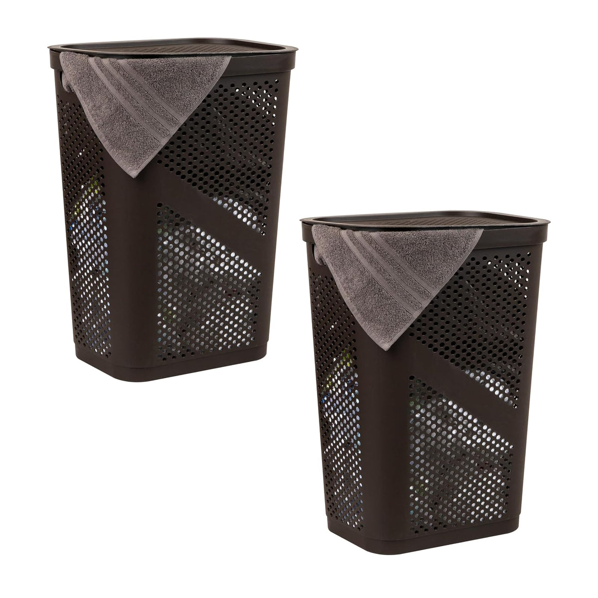 Mind Reader 60L Slim Laundry Hamper, Clothes Basket, Lid, Ventilated, Plastic, 17.25" L x 13.75" W x 23.5" H, Set of 2, Brown