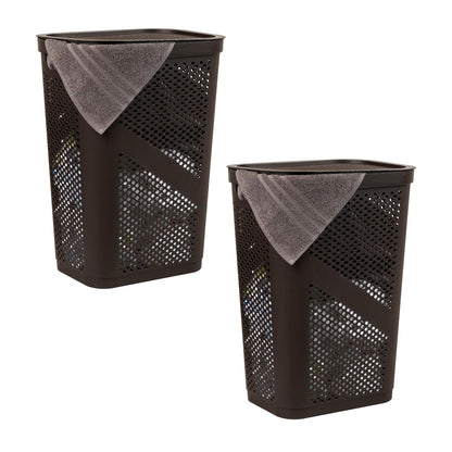 Mind Reader 60L Slim Laundry Hamper, Clothes Basket, Lid, Ventilated, Plastic, 17.25" L x 13.75" W x 23.5" H, Set of 2, Brown