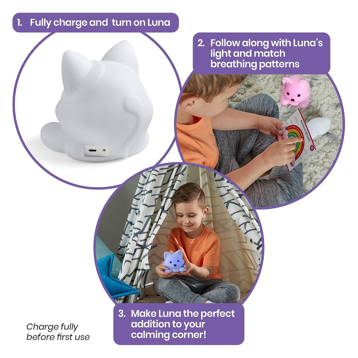 hand2mind Luna The Calming Kitty, Learn Deep Breathing, Rechargeable Animal Night Light, Kids Anxiety Relief, Mindfulness for Kids, Calm Down Corner Supplies, Social Emotional Learning Activities