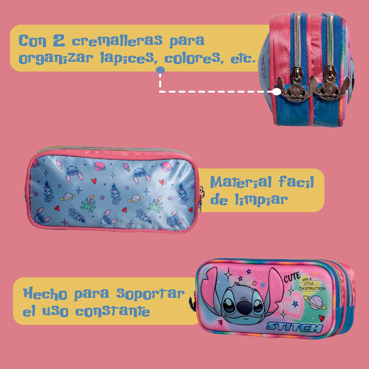 Ruz Lapicera Doble Infantil y Preescolar | Stitch | 100% Poliéster Edición Premium | Portalápices de Tela para Niños con 2 Divisiones y Cierre de Cremallera | Recomendado desde 3 años