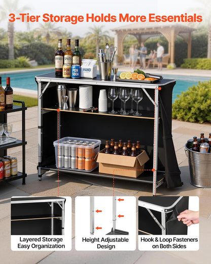 VEVOR Mesa de Bar Portátil 1105 x 390 x 1010 mm, Estación de Bar Plegable, Altura Ajustable, con Funda 2 Estantes de Almacenamiento Bolsa de Transporte, Barra de Bar Exterior para Eventos Feria Fiesta