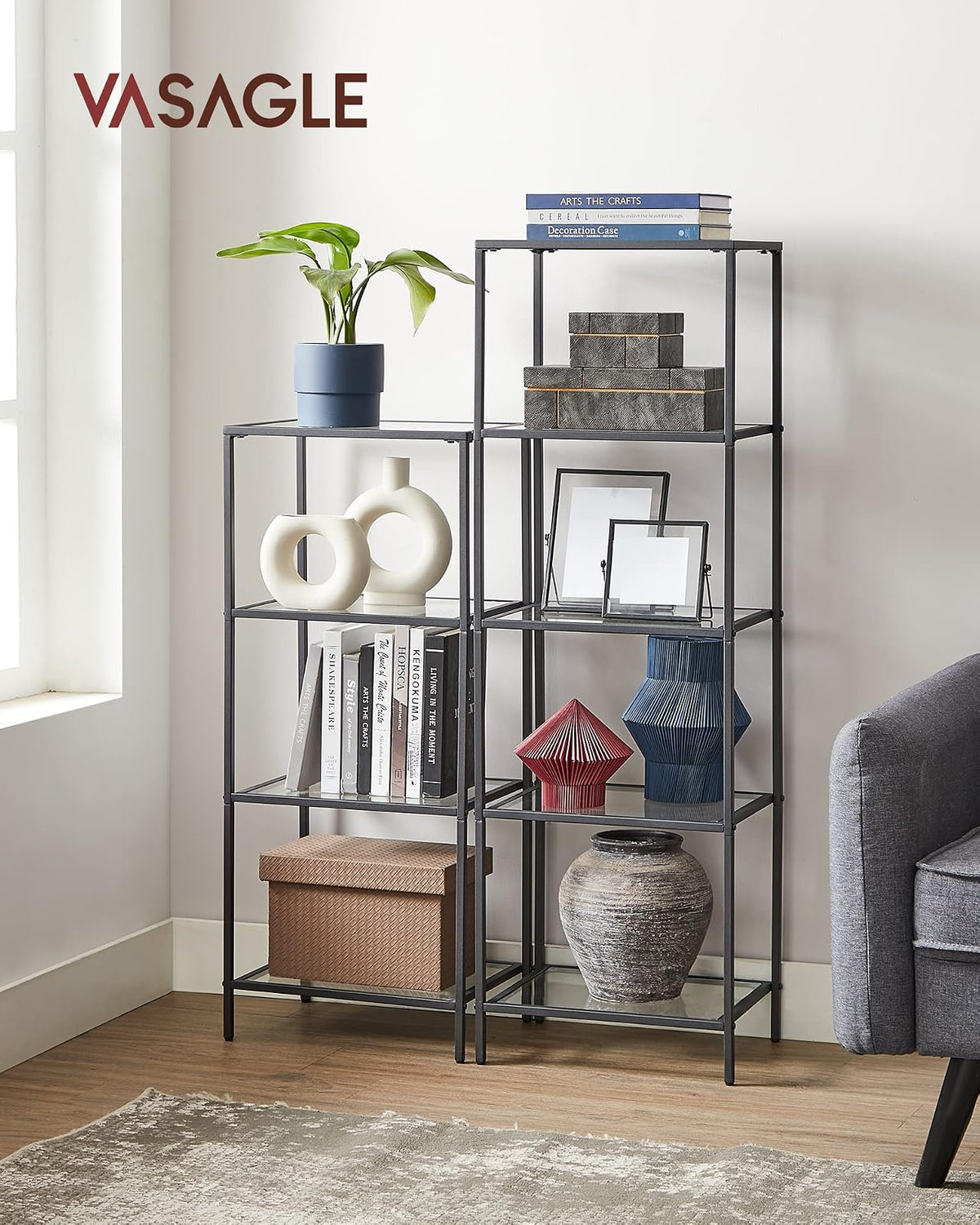 VASAGLE Estantería de Cristal de 5 Niveles, Librería, Expositor, 30 x 40 x 124.5 cm, Baño, Salón, Dormitorio, Oficina, Negro MLGT029B61