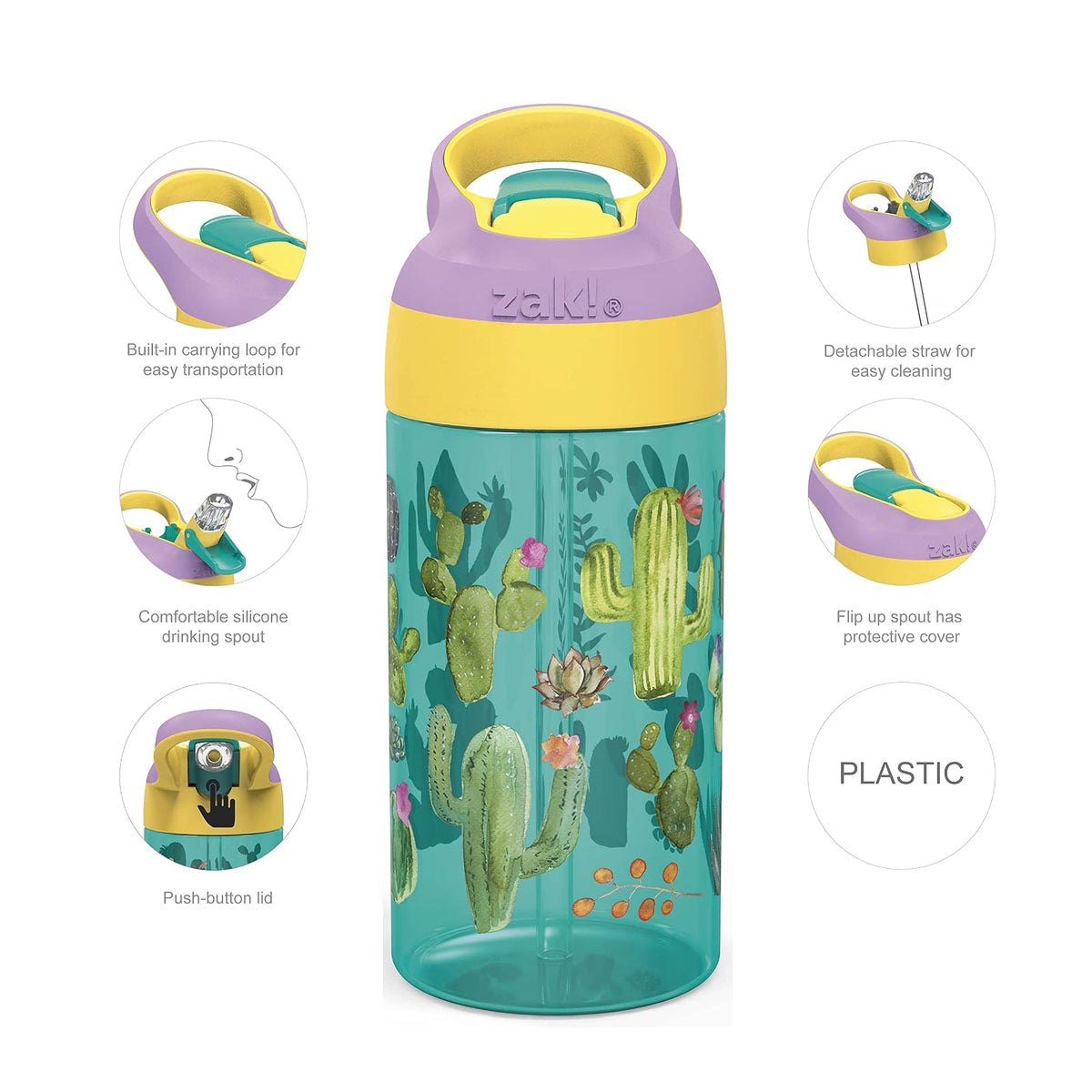 Zak Designs Riverside Desert Life - Botella de agua para niños de 16 onzas con popote y lazo de transporte integrado, hecha de plástico duradero, diseño a prueba de fugas para viajes, juego de 2 unidades