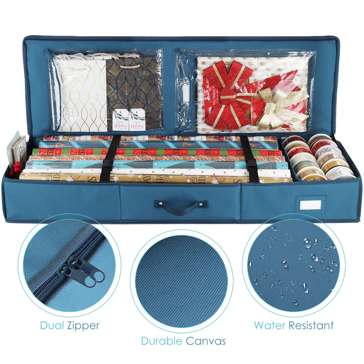 Hearth & Harbor - Contenedor de almacenamiento de papel de regalo, bolsa de almacenamiento de Navidad con bolsillos interiores, organizador de papel de regalo, se adapta a hasta 22 rollos de 40