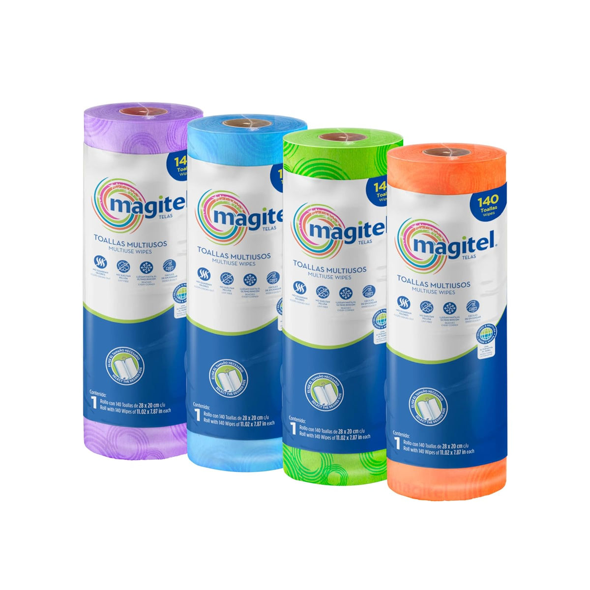 Magitel Rollo de Telas con 140 Hojas Absorbentes: Telas resistentes, absorbentes y sin pelusa, ideales para tareas húmedas o secas, diferentes colores, hojas precortadas de 28 x 20 cm