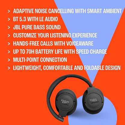JBL Tune 770NC Audífonos Inalámbricos Bluetooth, Drivers de 40mm, Reproducción 70 Horas, EQ Ajustable - Azul