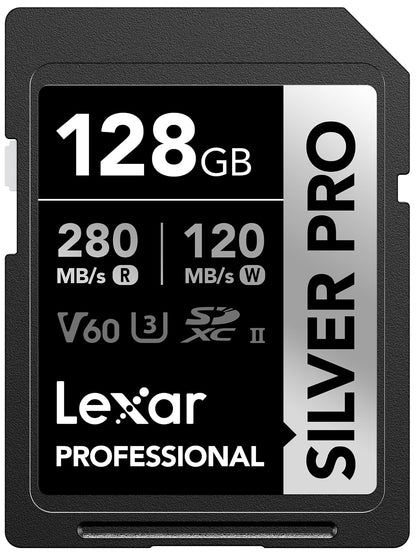Lexar Professional Tarjeta de memoria Silver PRO SDXC UHS-II de 128 GB, C10, U3, V60, Full HD y video 4K, hasta 280 MB/s de lectura, para fotógrafo profesional, videógrafo, entusiasta (LSDSIPR128G-BNNNU)