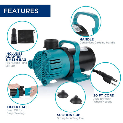 Alpine Corporation 3000 GPH Vortex Energy-Saving Pump for Ponds, Fountains, Waterfalls, and Water Circulation
