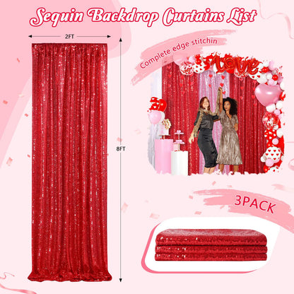 QueenDream Cortinas Rojas de Fondo de Lentejuelas de cumpleaños, Paquete de 3 Cortinas de 2 pies x 8 pies, Cortinas de Fondo para fotografía de Fiesta, Decoraciones de Navidad
