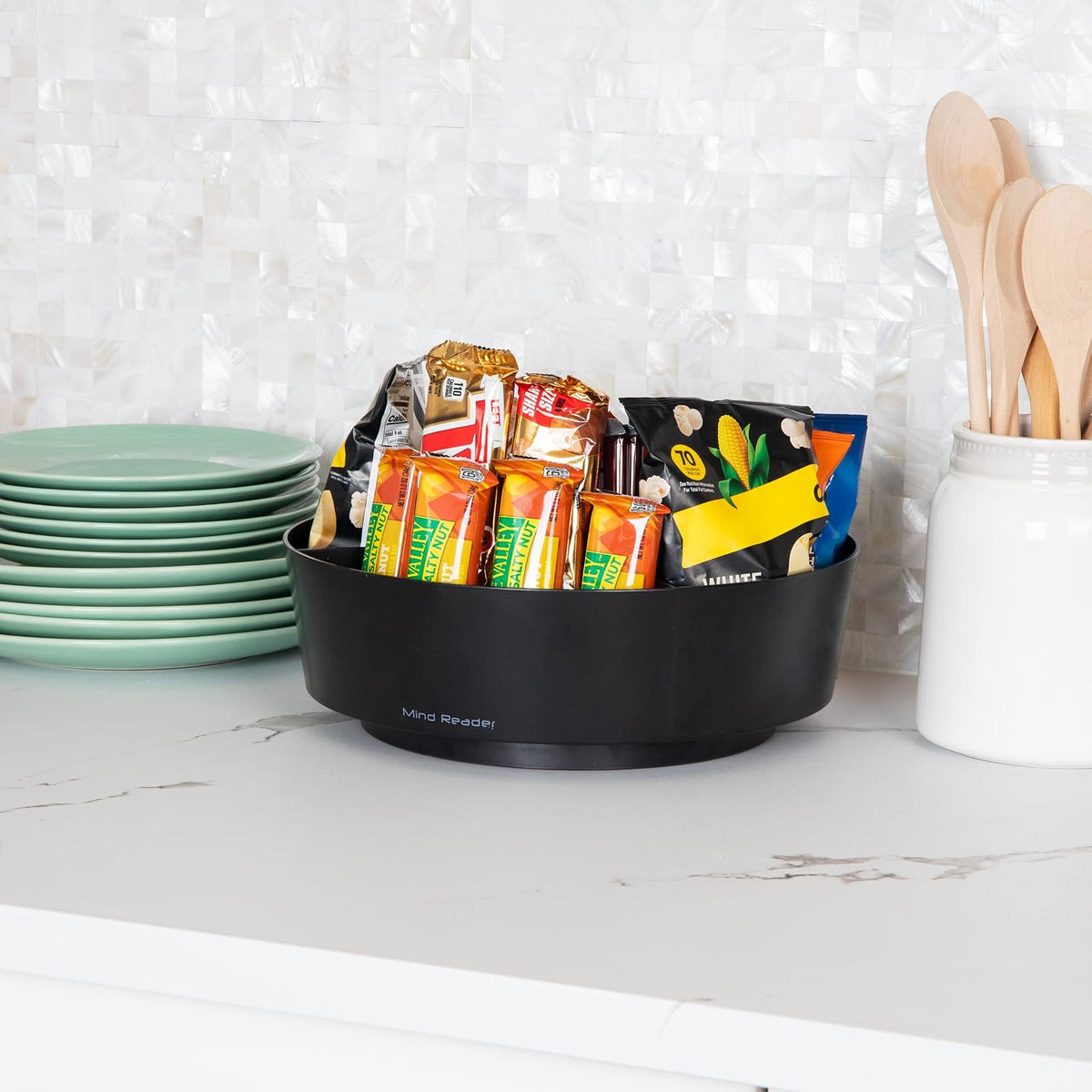 Betesh Mind Reader Snack Carousel, Countertop Organizer, Snack Tray, Condiment Holder, Breakroom, Kitchen, 12" L x 12" W x 4" H, Black