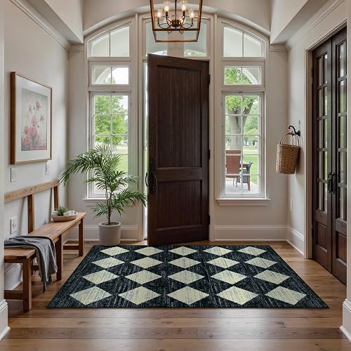 Lahome - Alfombra marroquí de Enrejado de 3 x 5 Pulgadas, Lavable, Color Negro, Antideslizante, Resistente a Las Manchas, Alfombra de Interior para Puerta Delantera, vestíbulo, recámara, baño