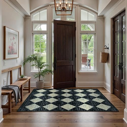 Lahome - Alfombra marroquí de Enrejado de 3 x 5 Pulgadas, Lavable, Color Negro, Antideslizante, Resistente a Las Manchas, Alfombra de Interior para Puerta Delantera, vestíbulo, recámara, baño