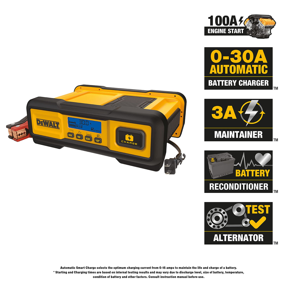 DEWALT DXAEC100 Cargador de batería Profesional de 30 amperios y mantenedor de 3 amperios con Arranque del Motor de 100 amperios