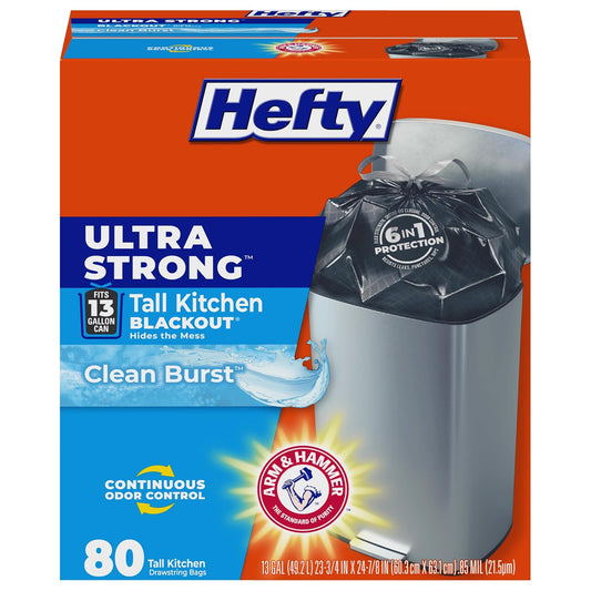 Hefty Ultra Strong Tall Kitchen Trash Bags, Blackout, Clean Burst, 13 Gallon, 80 Count