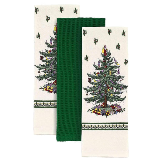 Spode - Juego de Toallas de 3 Piezas, Toallas de Cocina de algodón Suave y Absorbente, decoración del hogar de día Festivo, colección de árbol de Navidad
