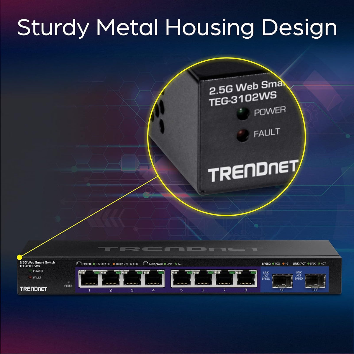 TRENDnet Switch Inteligente TEG-3102WS, 10 Puertos (8 x 2.5GBASE-T + 2 x SFP+ 10G), Carcasa Metálica, Compatible NDAA/TAA, Garantía de por Vida