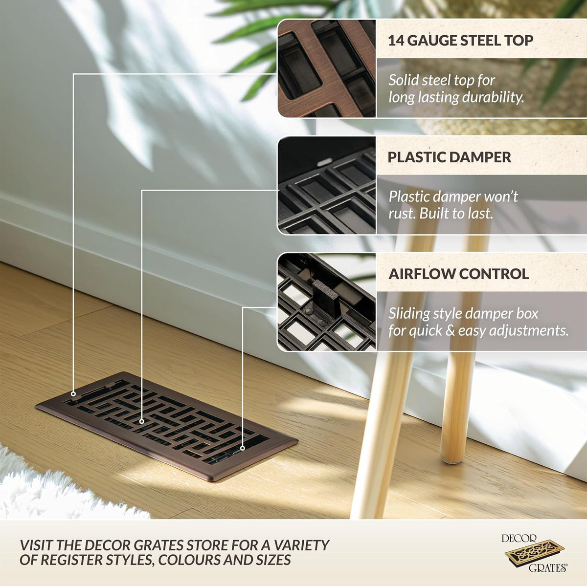 Decor Grates AJH410-RB Oriental Floor Register, Rubbed Bronze, 4-Inch by 10-Inch
