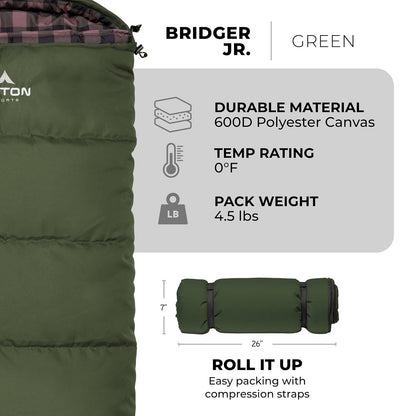 Teton Sports Jr Sleeping Bag for Boys, Girls, and Kids - 20 & 0 Degree Options (Celsius & Bridger) - Camping Accessory for Sleepover, Cabins, RV, Car Camping Accessories