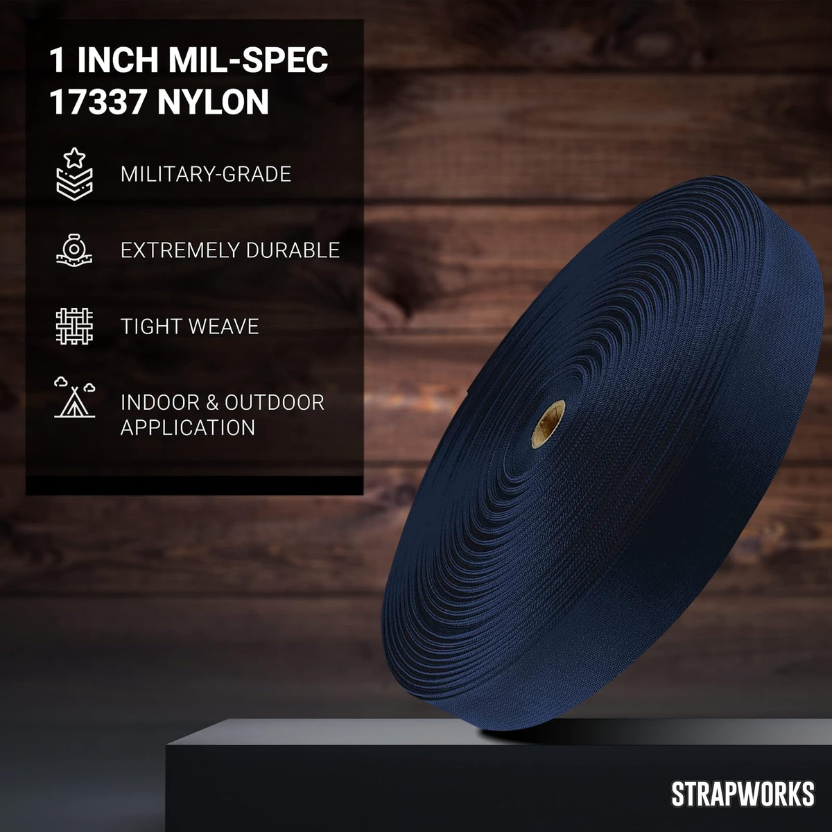 Strapworks MilSpec 17337 - Correa de Nailon Plana con especificaciones Militares para eslingas, Correas de Mochila, proyectos tácticos, 1 Pulgada x 10 Yardas, Azul Marino