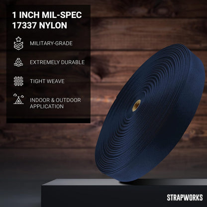 Strapworks MilSpec 17337 - Correa de Nailon Plana con especificaciones Militares para eslingas, Correas de Mochila, proyectos tácticos, 1 Pulgada x 10 Yardas, Azul Marino