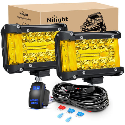 Nilight - Barra de luz LED para Disparos Laterales, 2 Unidades de 4.3 Pulgadas, Triple hilera, Combo de inundación, iluminación de Haz Amarillo con Interruptor de 5 Pines, Kit de arnés de